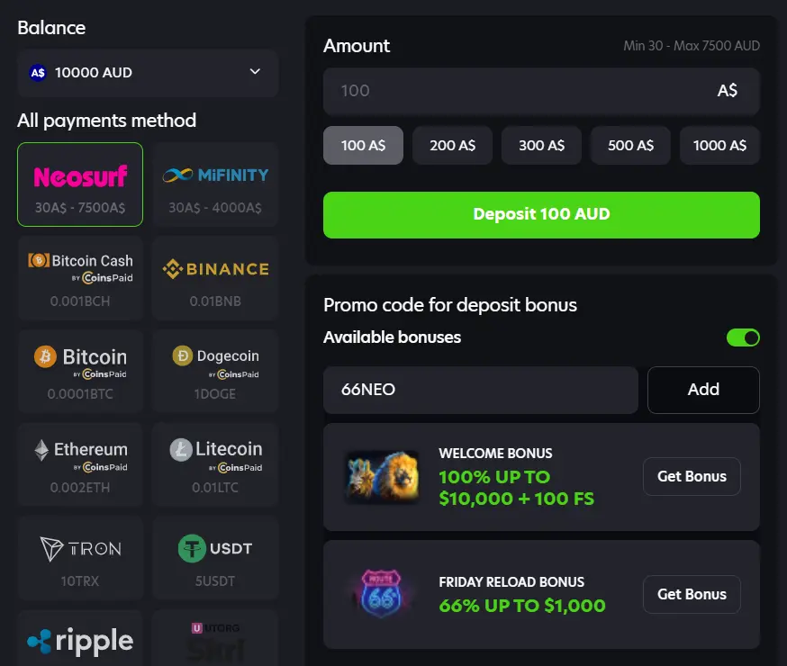 Deposit on NeoSpin Casino